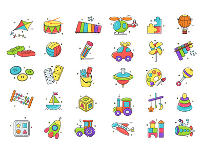 Kids Toys Icons app cartoon children chilhood collection design flat graphic icon icons illustration kid kids mobile play set toys vector web website