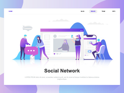 Social network flat concept. Landing page template. blogging business character concept dashboard design flat gradient illustration landing media mobile network page people social template vlog website wireframe