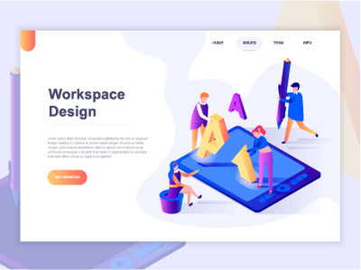 Landing page template of open workspace and coworking 3d business character concept coworking dashboard development gradient illustration isometric landing page people teamwork template vector web website wireframe workspace