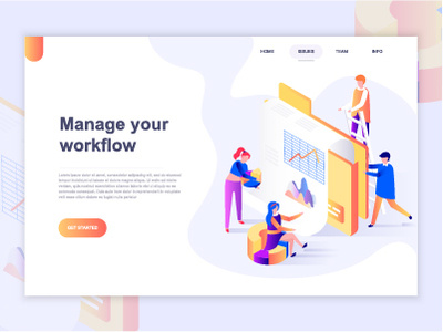 Landing page template of business and workflow management 3d brainstorming business character concept dashboard developer gradient illustration isometric landing management page people template vector web website wireframe workflow