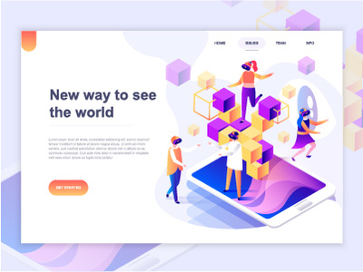 Landing page template of virtual augmented reality 3d augmented business character concept dashboard gradient illustration isometric landing page people reality template vector virtual vr web website wireframe