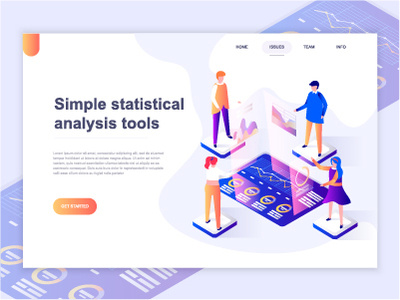 Landing page template of charts and analyzing statistics analysis analyzing business character chart concept dashboard flat gradient illustration infographic isometric landing page people statistic template web website wireframe