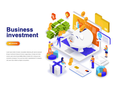 Business investment isometric concept 3d business character concept dashboard design finance flat funding gradient growth investment isometric landing page payment people web website wireframe