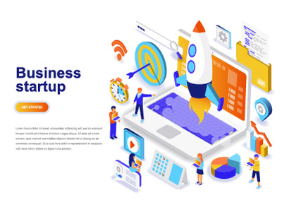 Business startup isometric concept 3d business character company concept dashboard design finance flat gradient isometric landing page people rocket start up startup web website wireframe