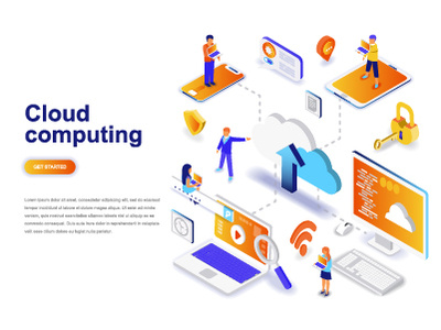 Cloud computing isometric concept 3d business character cloud computing concept dashboard data data center design flat gradient isometric landing page people technology web website wireframe