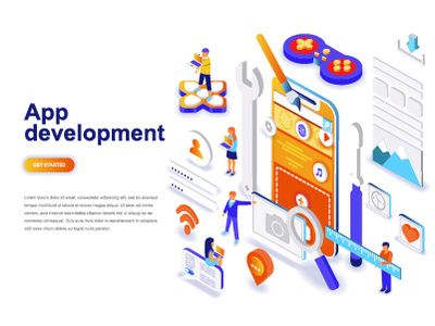 App development isometric concept 3d app business character concept dashboard design development flat gradient isometric landing mobile page people ui ux web website wireframe