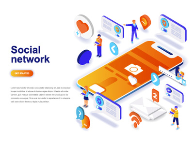 Social network isometric concept 3d business character concept dashboard design flat gradient isometric landing media network networking page people social vlog web website wireframe