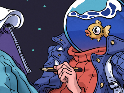 Float astronaut character design fish illustration note space