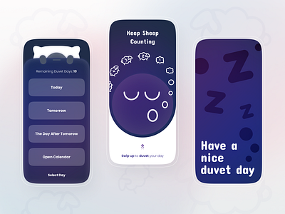 Duvet Day - Keep Sheep Counting! blanket clouds counting day duvet illustration interface mobile pillow product design sheep sleep swipe up today ui zzz