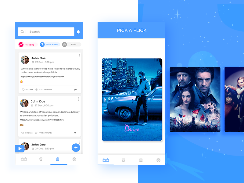 Entertainment application trending video follow tv show tv application design application ui app ui blue ui interface movies trailar color movie poster design movie cards uiux entertainment app entertainment