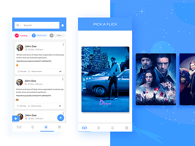 Entertainment application app ui application design application ui blue cards color design entertainment entertainment app follow interface movie movie poster movies trailar trending tv tv show ui uiux video