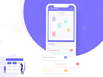 Calendar View activities activity application design attended calendar cancelledactivities color dashboard dashboard ui design gifted multycolors my history purple registed ui ui ux