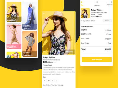 E-commerce Application app design app ui application design application ui branding cards cart color design detail page ecommerce app minimal online shopping place order product shopping app ui ui ux yellow