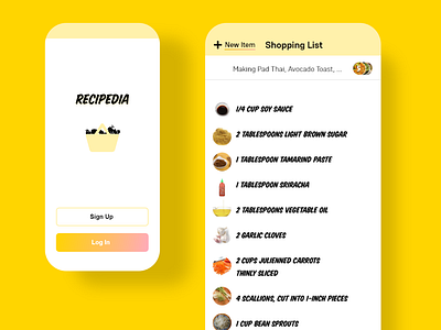 Recipedia UI recipe app shopping list ui yellow