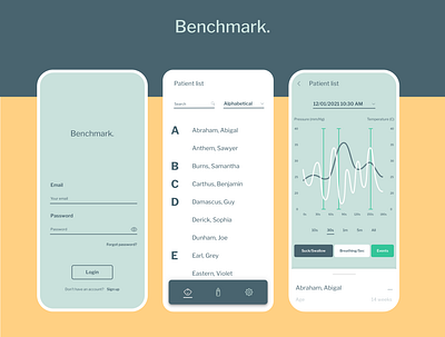 Benchmark. blue branding charts data design healthcare infant logo minimal nursing ui yellow