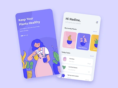 Plant Care App app character design expression flower girl home illustration mobile onboarding plant plant illustration purple task ui uiux watering