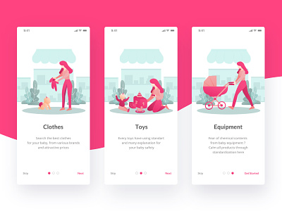 Baby Store App Onboarding app baby cute design e-commerce illustration illustrator ios mobile mom mother onboarding parent pink store ui