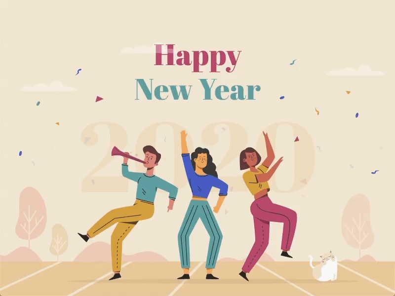 Happy New Year 2020! 2020 animation avatar background cat character design gif happy hero illustration new year party people website