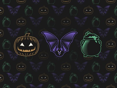 Spooky Trio bat cauldron dribbbleweeklywarmup halloween icons pumpkin spooky season