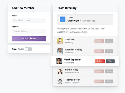 Team Directory codepen component dashboard design directory interface list team toggle ui ux