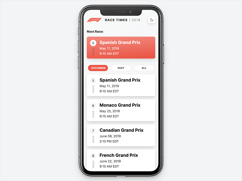 Schedule codepen dark empty state event formula1 list mobile night mode race responsive schedule ui ux