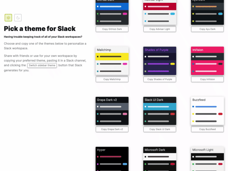 Slack Themes app codepen dark mode night mode picker slack theme ui ux