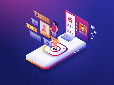 Hello Instagram! character design chatting female character gradient instagram instagram post isometric character isometric design isometric illustration likes phone reels texture textures