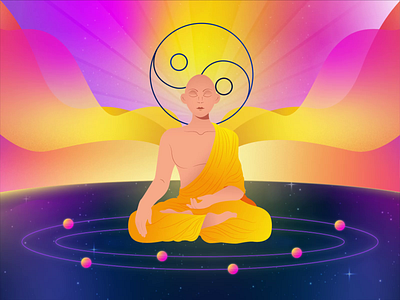 Meditation-Taoism animation buddha calmness character design galaxy gradient illustration meditation monk orbit planet animation planets rays space stars sunrays sunrise taoism vector illustration yin yang