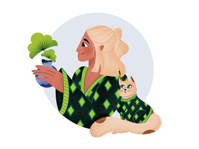 Twinning With Cat animal art cat challenge character character design digital female female character girl girl character green illustration plant pot procreate sweater texture twinning women