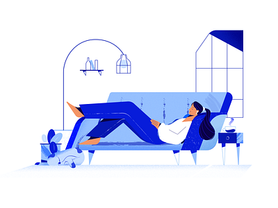 Relaxing 2d airpods animal app blue couch dog female female character girl listening music living room online pet relaxing resting sofa ui vector women character