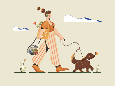 Walking into weekend 2d animal character cute dog dog lover girl grocery grocery shopping people illustrations pet procreate puppy shape taking on walk texture walking weekend women women walking