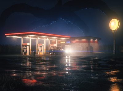 LOOM 3d c4d environment fog gas station glow lighting modeling monster moody nft night octane stranger things sunset