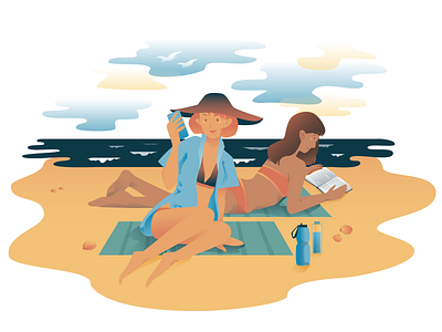 Summer time beach girls illustration limited colour palette sea seaside vector vector art