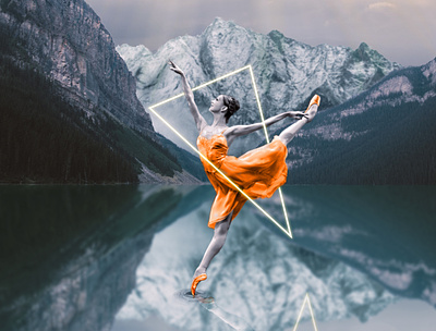 Lake's dream compositing composition dance design girl lake montage mountain neon light orange photoshop triangle