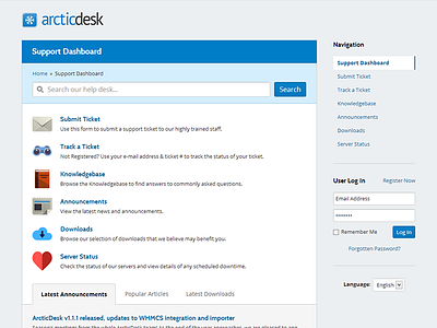 ArcticDesk Frontend blue dashboard frontend grey helpdesk support ui