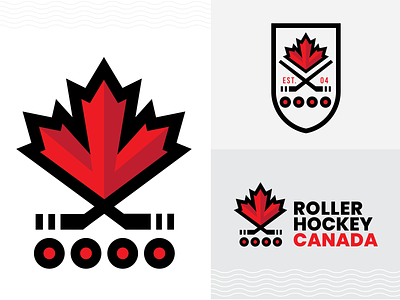 Roller Hockey Canada Logo Concept black branding canada clean design flat graphic design hockey hockey stick illustration inline hockey logo maple leaf minimal red roller hockey sports vector