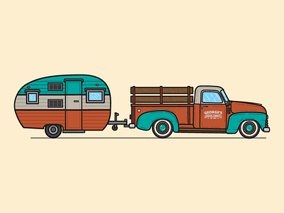 Goin' to the lake! camper design flat graphic design illustration logo minimal retro truck vintage wood