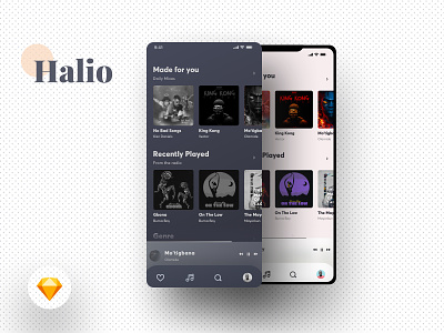 Halio app dark darkui design free free sketch freebie freebies hifi hifiwireframe music musicapp sketch ui uiux wireframe wireframe kit