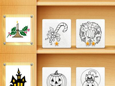 Coloring Bookshelf app bookshelf button difficulty ipad rating shelf star ui wood