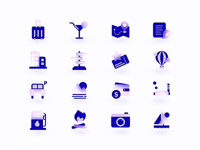 Traveling / Vacation Icon Set balloon blur blurred booking campfire cocktail hotel icon icon set iconography landscape location mobile ui parking ticket travel travel app traveling ui vacation