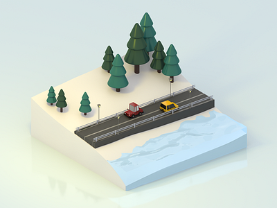 Mountain and Sea 3d 3dmodelling 3drendering arnold arnoldrender c4d car cinema4d landscape lowpoly material modeling pinetree sea taxi vehicle