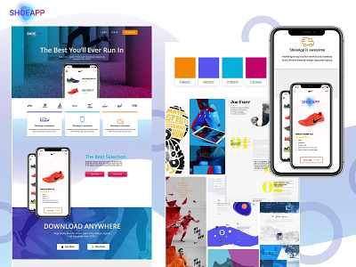 Shoe App Mockup with mood board and colour palette. artdirection blue branding design illustration illustrator logo minimal mobile ui vector web website