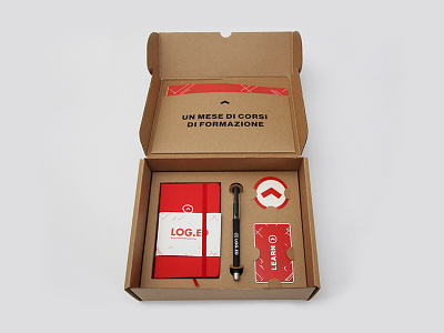 Log.Ed Welcome Kit badge box cardboard education geometry kit notebook packaging paper pen red stickers
