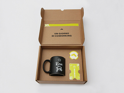 Coworking Login: Welcome Kit badge box cardboard green kit mug office pack packaging print sticker work