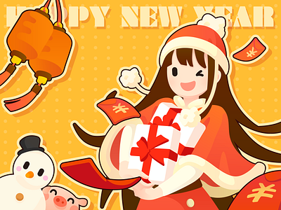 Happy New Year design gift girl happy new year hat illustration money new year new year 2019 onion math pig snowman ui winter