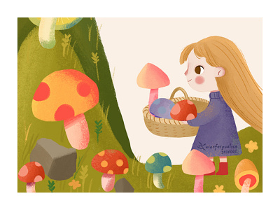 Little girl picking mushrooms childrens illustration childrensbookillustration flat illistration illustration for children