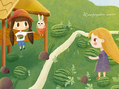 Take care of the watermelon childrens illustration flat illistration watermelon