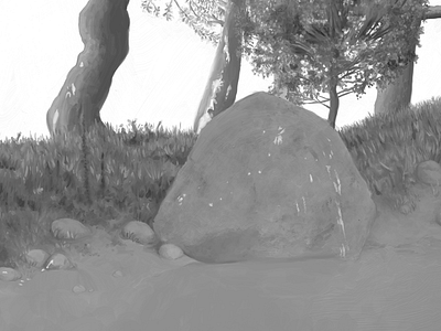 Boulder artrage boulder grass illustration leaves painting rocks tree trees