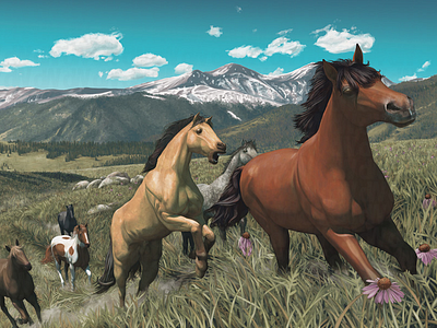 Libertad horses illustration mountains painting plains prairie