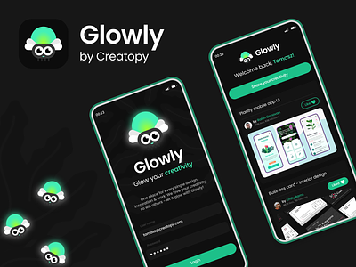 Glowly - Glow your creativity! Mobile app UI & logo bug concept design dark mode icon design logo mobile app mobile ui
